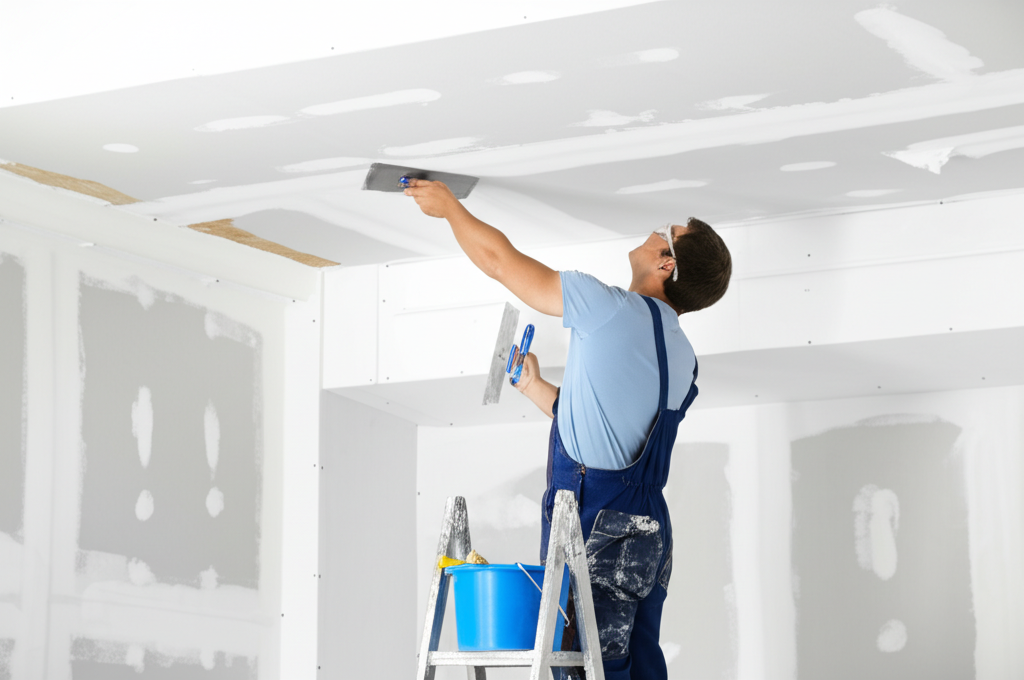 Worker on ladder repairing damaged ceiling drywall