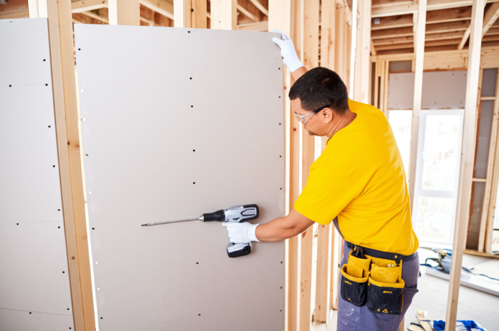 Professional installing drywall