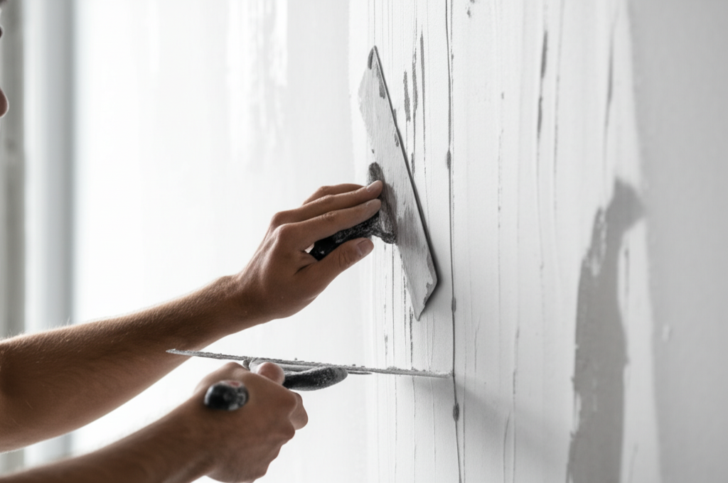 Worker repairing drywall