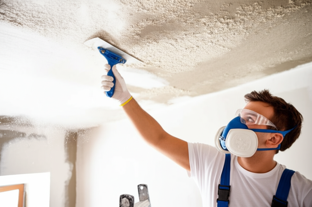 Professional removing popcorn ceiling with specialized tools