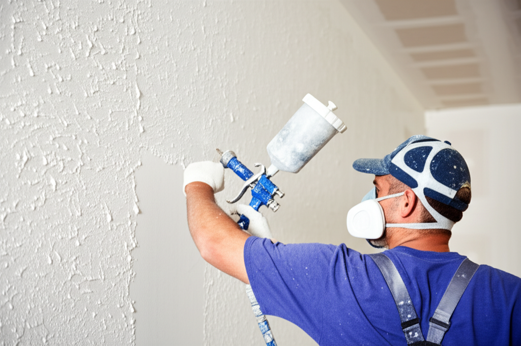 Worker applying texture to wall with professional spray equipment